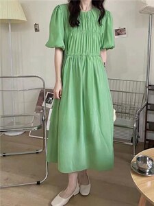 【DAVIDA】韩系圆领泡泡袖收腰连衣裙图片