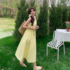 法式黄色无袖背心吊带连衣裙女夏2025新款收腰显瘦减龄气质长裙子，女装连衣裙，浙宝192（原082）