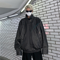 美式潮牌重磅棕色机车外套复古oversize设计感小众男夹克，男装夹克，星座410-7