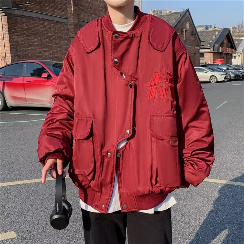 冲锋衣春季潮牌高级感外套港风潮流酒红色飞行员夹克男 W7210-P58图片