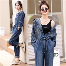 时尚显瘦牛仔连体裤抽绳收腰设计百搭休闲风，女装连体裤，钱塘布衣