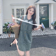 设计感蕾丝披肩短袖牛仔连衣裙女夏季2025新款韩版高级感显瘦裙子，女装连衣裙，2D076