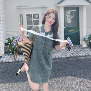 设计感蕾丝披肩短袖牛仔连衣裙女夏季2025新款韩版高级感显瘦裙子图片