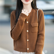 时髦圆领针织开衫女短外套毛衣2025新款法式设计感小香风外搭上衣，女装针织衫/毛衣，佳绒包芯纱店