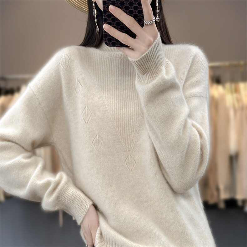 圆领羊毛衫女秋冬款宽松慵懒插肩长袖毛衣提花羊绒衫打底衫,女装羊毛衫,琳华羊绒