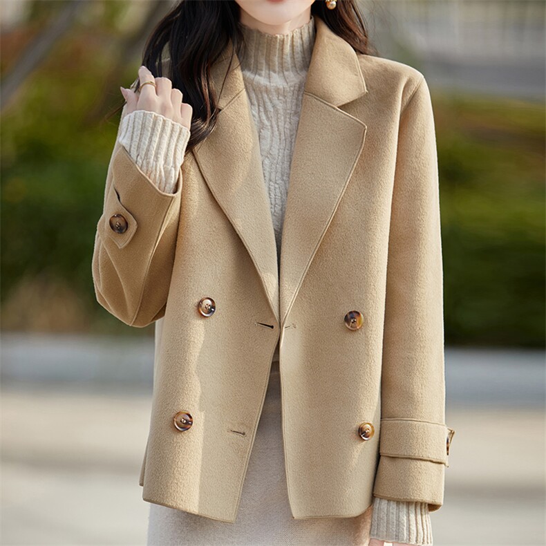 时尚双排扣西装领毛呢外套女高级感百搭显瘦通勤大衣,女装毛呢外套,佳绒高端店