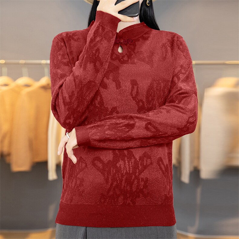 2024年秋季欧根纱盘扣长袖时尚提花显瘦百搭针织衫,针织衫/毛衣,佳绒包芯纱店