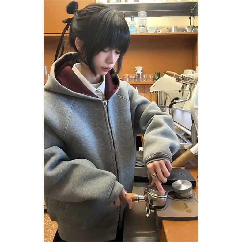 W10330-P55网图现货帝王红内空气层卫衣高级感重磅连帽衫外套，女装短外套，星座1608