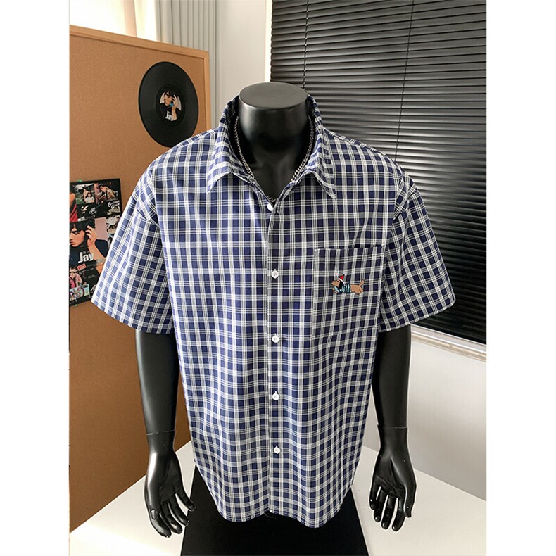 特批P30无差价夏季休闲格子刺绣腊肠狗翻领短袖宽松衬衫男CD5497,男装衬衫,电商A001
