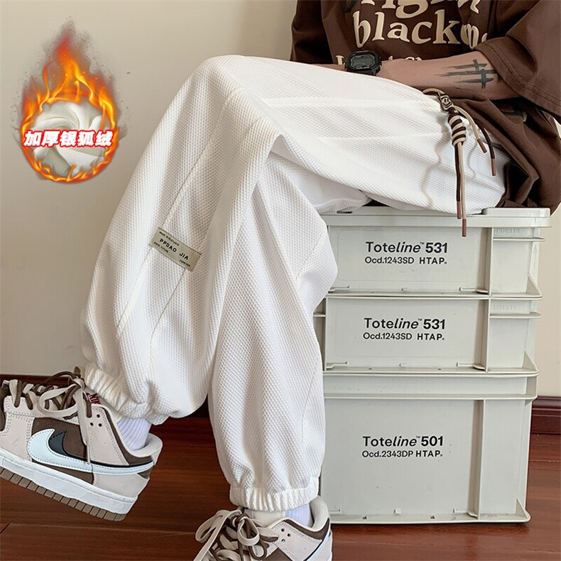 特批P40无差价薄款改加绒冬新银狐绒卫裤男保暖束脚裤K1049J加绒，男装休闲裤，电商A001-1