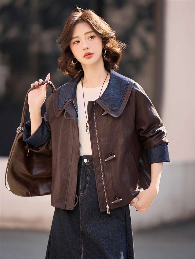 【春季女装新款】大量现货时尚牛仔相拼宽松短款皮衣外套,女装皮衣,魅衣本色