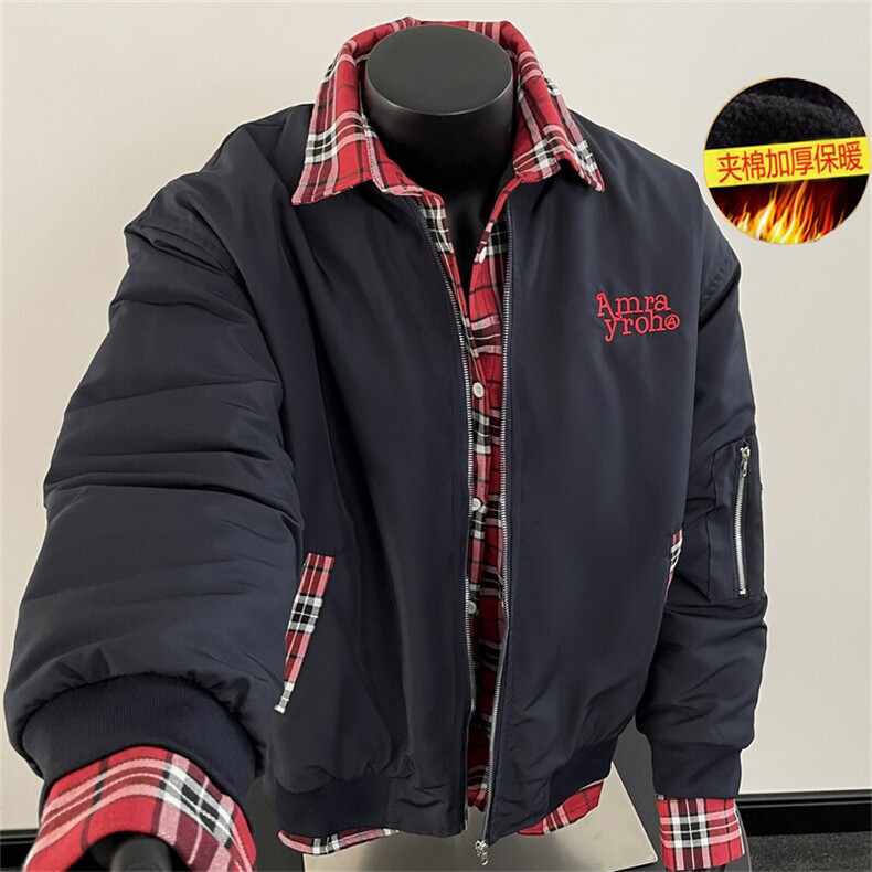 加棉美式复古假两件外套男潮牌棒球服夹克JK06626-P73加棉P85,男装夹克,星座308B-2