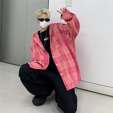 美式复古玫红色格子开衫衬衣卫衣男女设计感小众连帽外套~S4529，男装衬衫，星座601-2