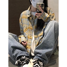 现货黄蓝格子长袖衬衫男美式格纹衬衣小众设计情侣外套K342-P45，男装衬衫，星座1007（原301D）