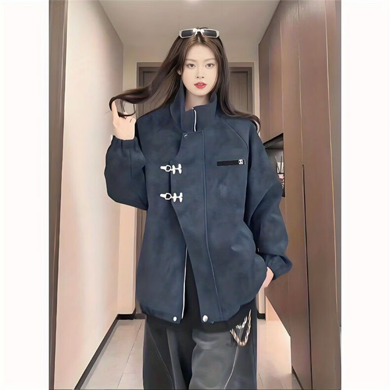 J509-P75 设计感金属飞机扣扎染皮革夹克男女2025秋季宽松美式图片