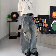 美式街头水洗做旧破洞牛仔裤男春秋直筒宽松欧美高街裤XK1128，男装牛仔裤，星座208-5
