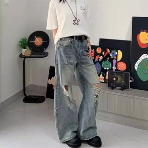 美式街头水洗做旧破洞牛仔裤男春秋直筒宽松欧美高街裤XK1128图片