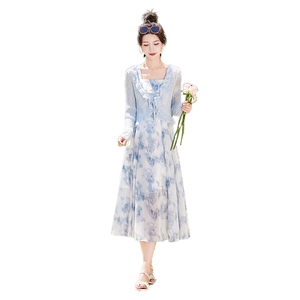 时尚碎花雪纺连衣裙套装女2024夏季新款洋气针织小衫吊带裙两件套图片