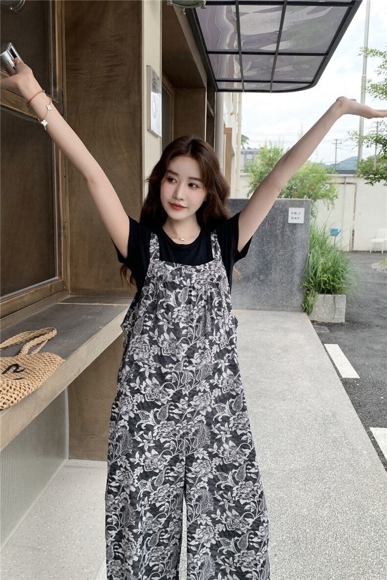 韩系休闲拼色印花背带裤女2025夏季新款宽松慵懒风气质显瘦阔腿裤,女装连体裤,2C353