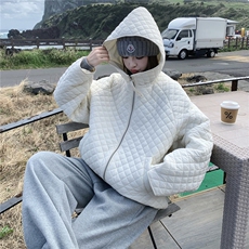 韩版宽松菱格压线连帽棉服外套女2025秋冬新款百搭小个子棉上衣，女装棉衣/棉服，2D145