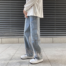 美式复古牛仔裤男高街vibe宽松潮牌直筒阔腿裤子N0633-P45，男装牛仔裤，星座308B-1
