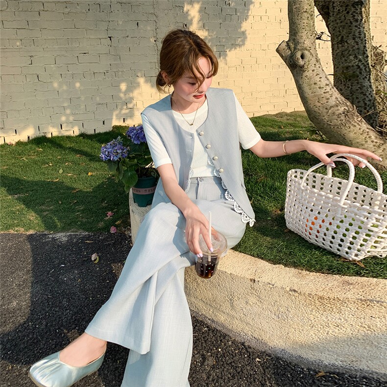 小香风蕾丝拼接马甲T恤阔腿裤套装女夏休闲气质法式三件套巨好看,女装套装/套裙,2C203