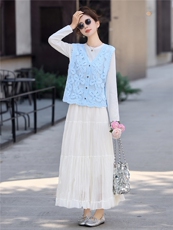 镂空钩花马甲+T恤+雪纺网纱半身裙三件套送腰带，女装套装/套裙，采品优优