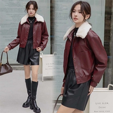现货海宁f仿真皮皮衣女加绒加厚短款2024冬季新款女士宽松皮外套，女装皮衣，江南女神