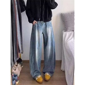 美式高街春夏复古水洗做旧牛仔裤直筒阔腿长裤潮KZ303064--TP45图片