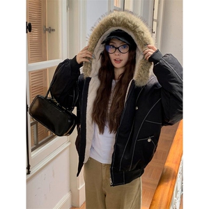 现货重磅boxy短款棉衣座山雕大毛毛领男女棉服水洗工装厚外套图片