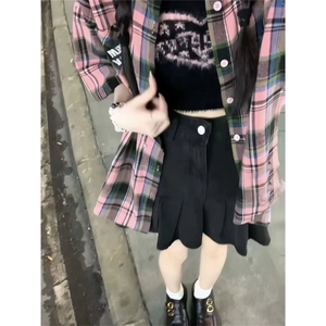 TC565-P45美式复古撞色格子短袖衬衫夏季新款慵懒风复古韩系情侣图片