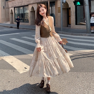 美拉德穿搭白色碎花连衣裙叠穿马甲女春秋超火好看高级感长裙套装图片