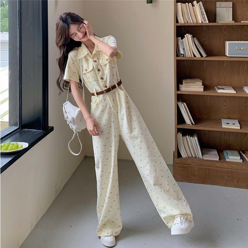 法式御姐女神范气质碎花黄色连体裤女夏2025新款收腰显瘦爆款长裙,女装套装/套裙,2C210