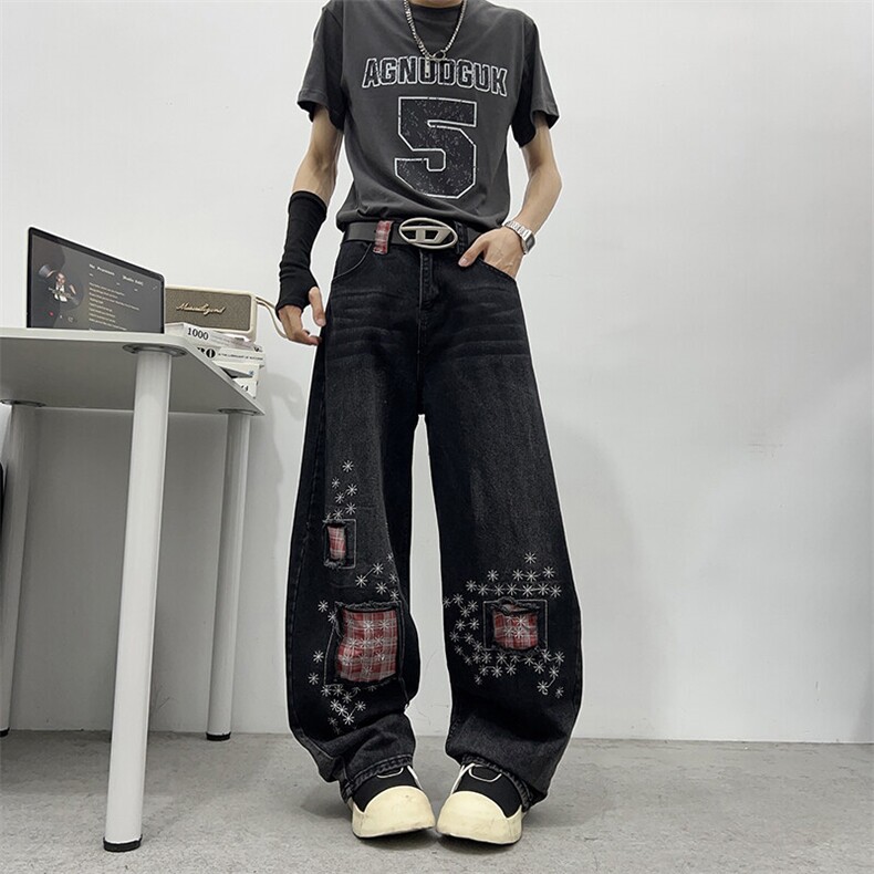 美式复古磨破刺绣牛仔裤男女设计感宽松直筒微喇阔腿裤NZ0163-P58,男装牛仔裤,星座308B-1