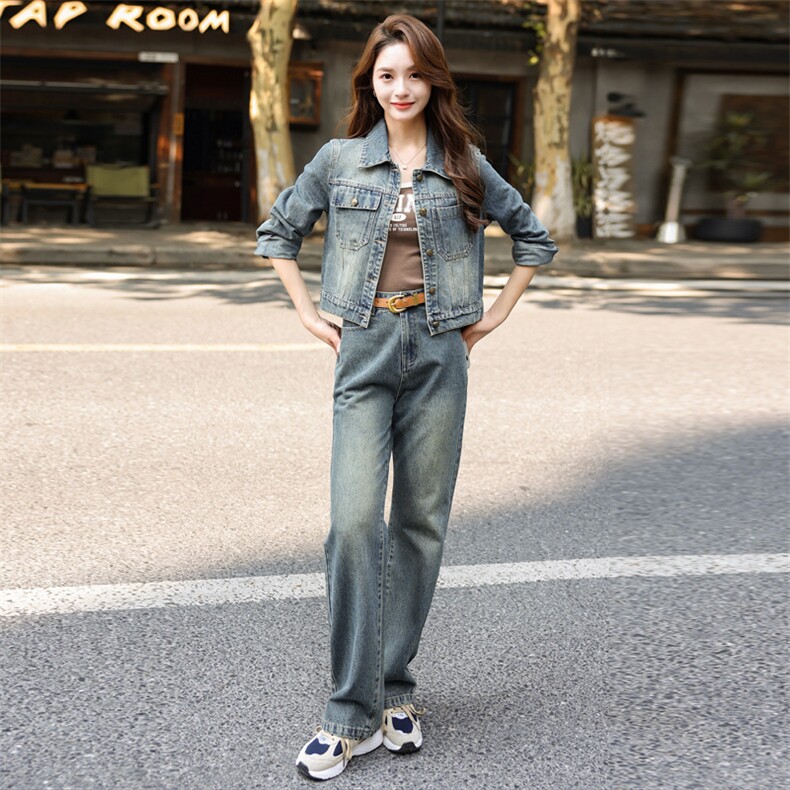 早春牛仔套装女2025新款时尚洋气减龄时髦今年流行复古长裤两件套,女装套装/套裙,意芙