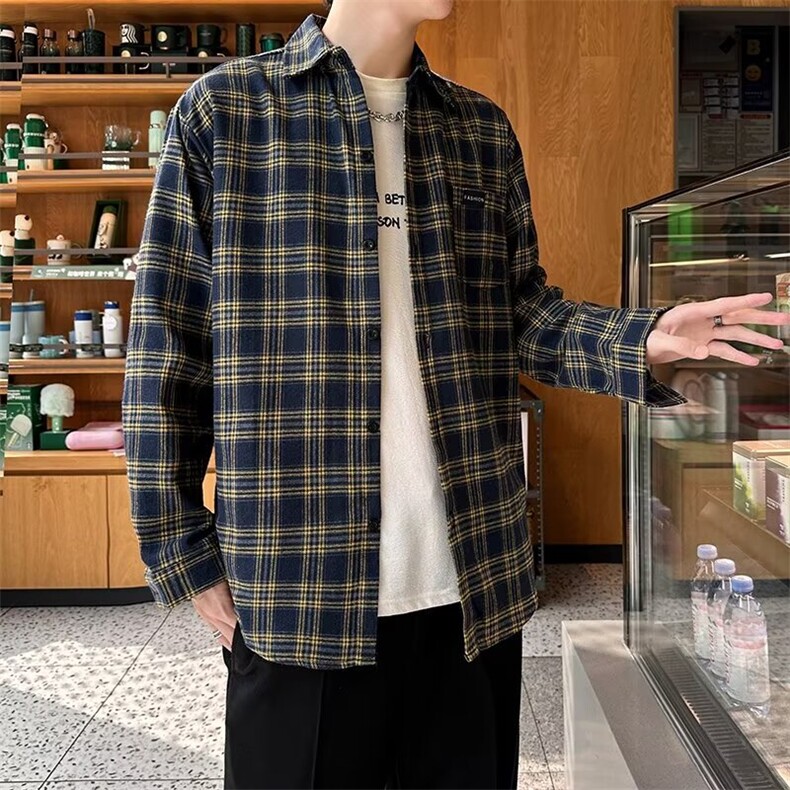 长袖格子衬衫男春秋季宽松韩版时尚潮流休闲外穿磨毛衬衣外套C14图片