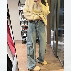 N101-P65 美式水洗做旧工装牛仔拖地长裤男女做旧牛仔裤图片