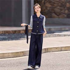 2026年老钱风春季假两件撞色牛仔显瘦阔腿裤套装，女装套装/套裙，E百度