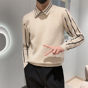 301A-1/M60/P75店主风小伙翻领假二件拼接针织长袖毛衣男打底衫图片
