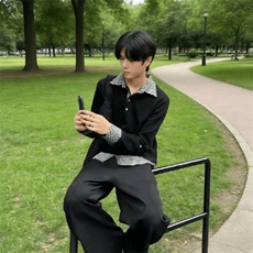 得物抖音高品质二开夏季美式潮牌假两件条纹衬衫翻领高街短袖T恤，男装T恤，电商A486