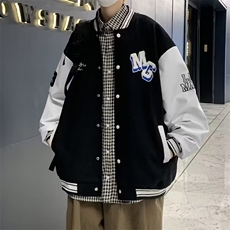棒球领夹克宽松上衣毛巾绣毛呢上衣拼皮黑/蓝M-3XLJ501，男装夹克，星座1116A-1（原606A）