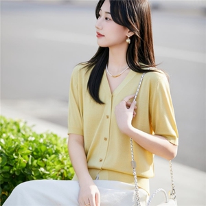 莱赛尔天丝针织短袖T恤女新款夏时尚洋气宽松开衫外套半袖V领上衣
