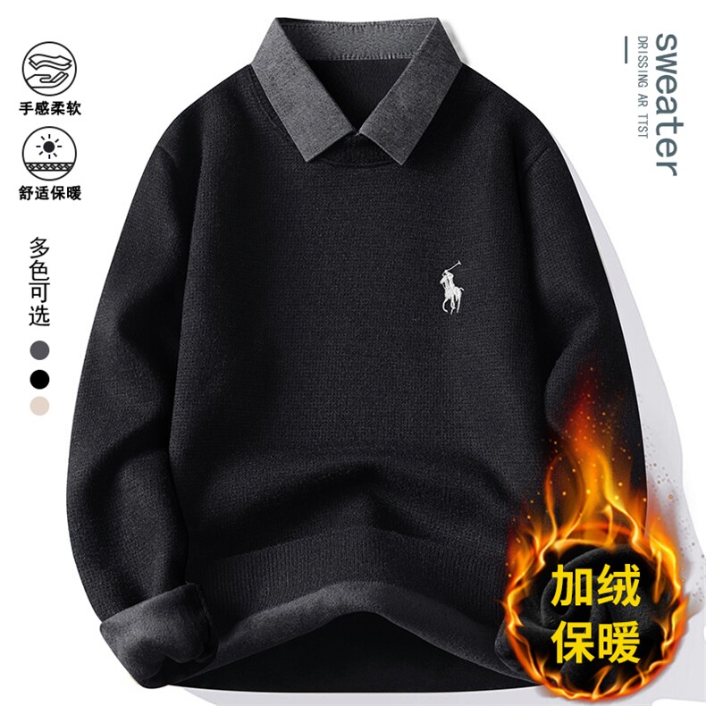 秋冬季男士假两件针织百搭衬衫领外套男毛衣内搭T恤9067加绒-P42,男装针织衫/毛衣,星座1706