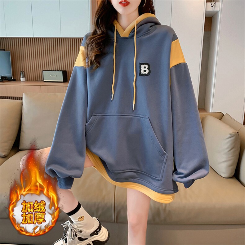 A8380牛奶丝复合100涤加绒加厚撞色拼接宽松连帽卫衣女P58图片