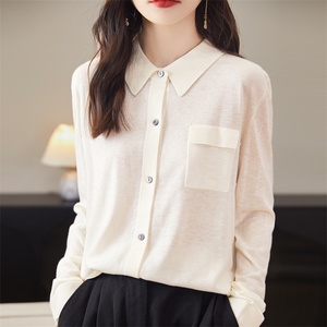 精纺细羊毛Polo领针织开衫女衬衣宽松休闲简约通勤薄毛衣外搭长袖图片