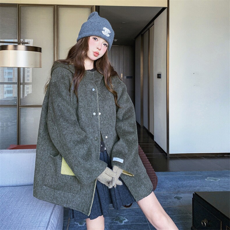 新款xian货学院风连帽撞色双面尼外套AD907-P285K408,女装毛呢外套,2B187