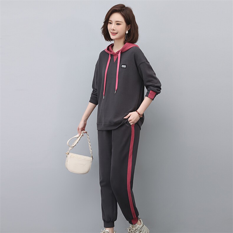 2024春秋季新款时尚休闲气质个性减龄休闲撞色连帽套装,女装套装/套裙,独衣靓