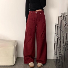 安可拉红牛仔裤阔腿裤女2024秋季新款高腰百搭显瘦休闲拖地长裤子，男装牛仔裤，星座506A