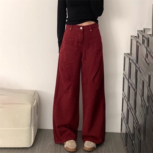 安可拉红牛仔裤阔腿裤女2024秋季新款高腰百搭显瘦休闲拖地长裤子图片