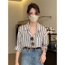 港风复古慵懒条纹衬衫女通勤薄款防晒上衣夏款韩系简约百搭衬衣女，男装防晒衣，星座1210-1
